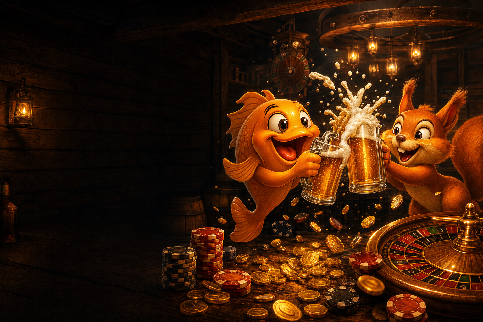 Pivo Casino — рыбка и белка в пивном казино Рыбка и белка Pivo Casino чокаются пивными кружками у рулетки
